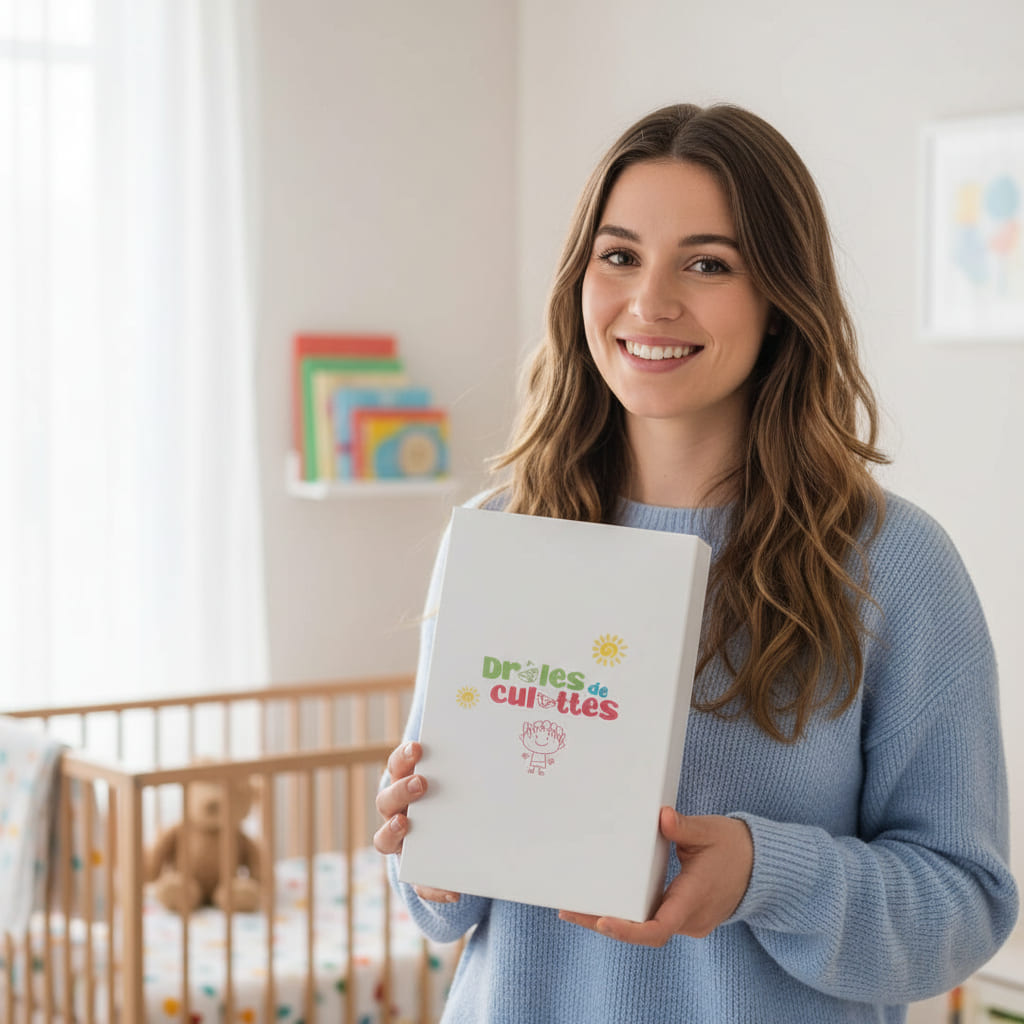 Femme tenant une boîte Drôles de Culottes pour l’apprentissage de la propreté. Image