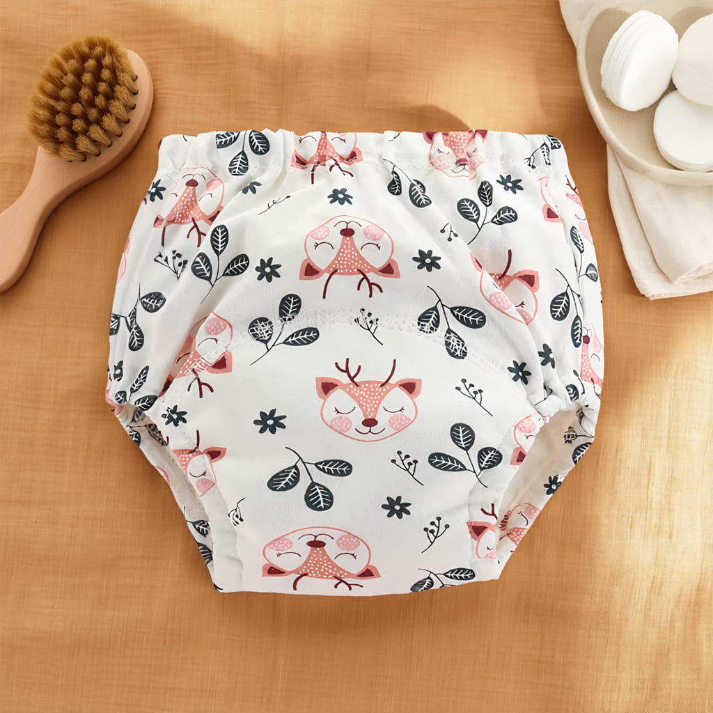Culotte d’apprentissage bébé blanche avec motifs faon et fleurs.