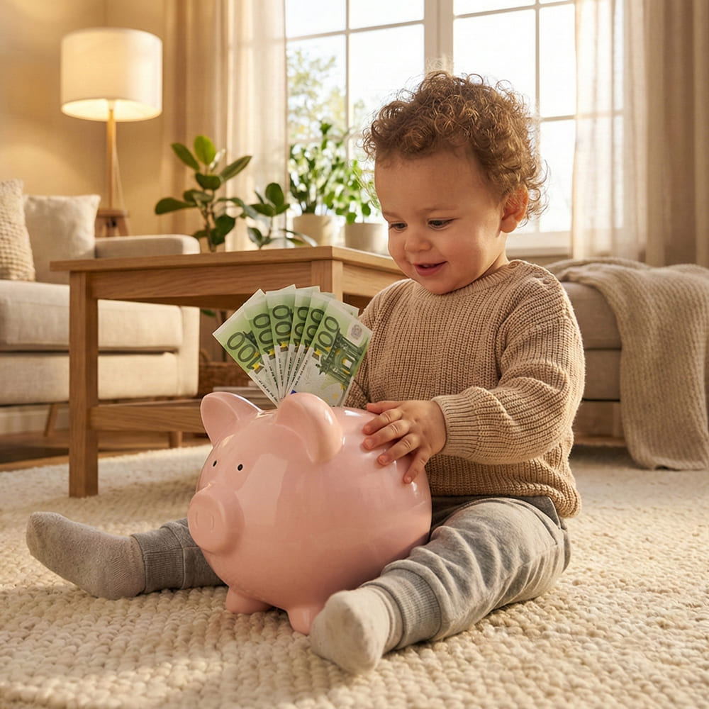 Enfant avec tirelire illustrant les économies réalisées avec des culottes d’apprentissage.