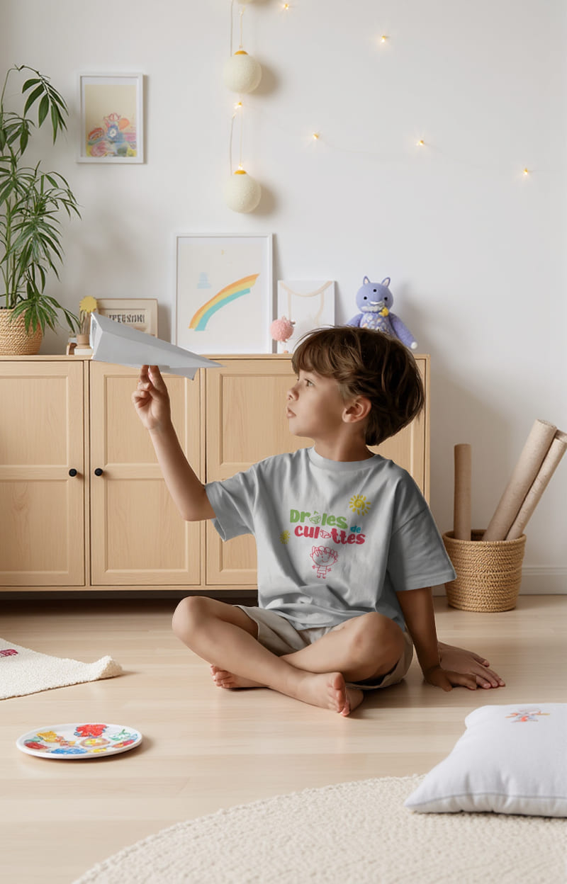 Enfant portant un t-shirt Drôles de Culottes dans une chambre d’enfant. Image