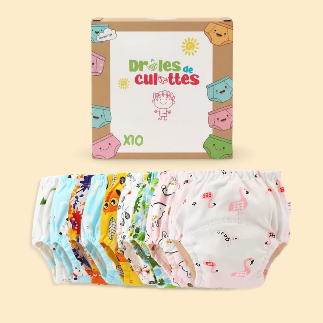 Pack de 10 culottes d’apprentissage bébé avec assortiment complet de motifs.