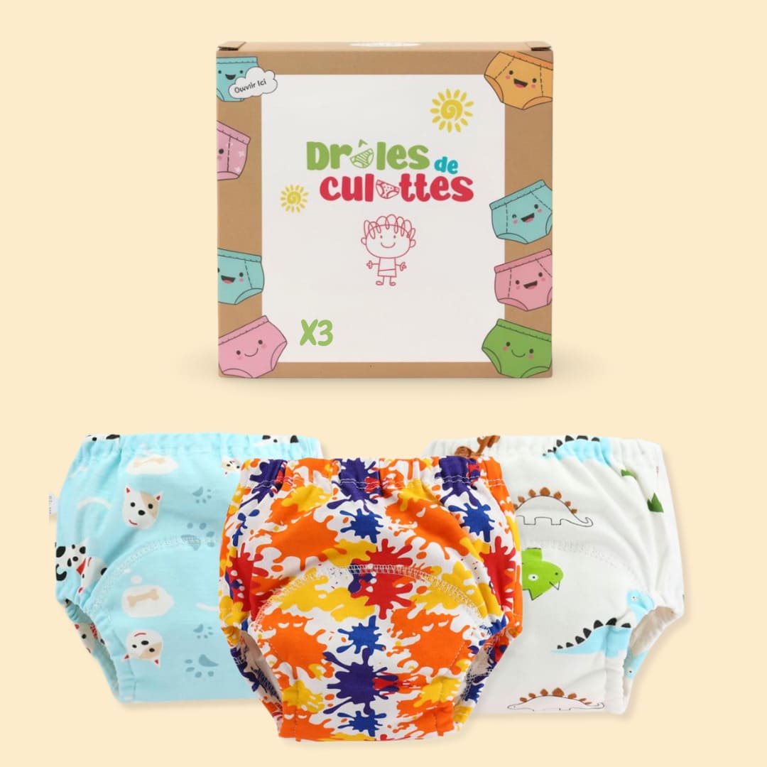 Pack de 3 culottes d’apprentissage bébé motifs chien, peinture et dinosaure.