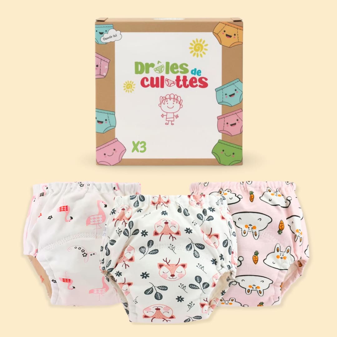 Pack de 3 culottes d’apprentissage bébé motifs flamant, faon et lapin.