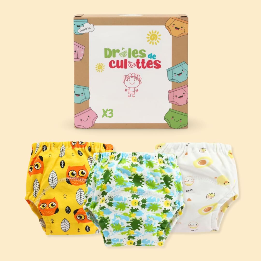 Pack de 3 culottes d’apprentissage bébé motifs hibou, éclaboussures vertes et poussin