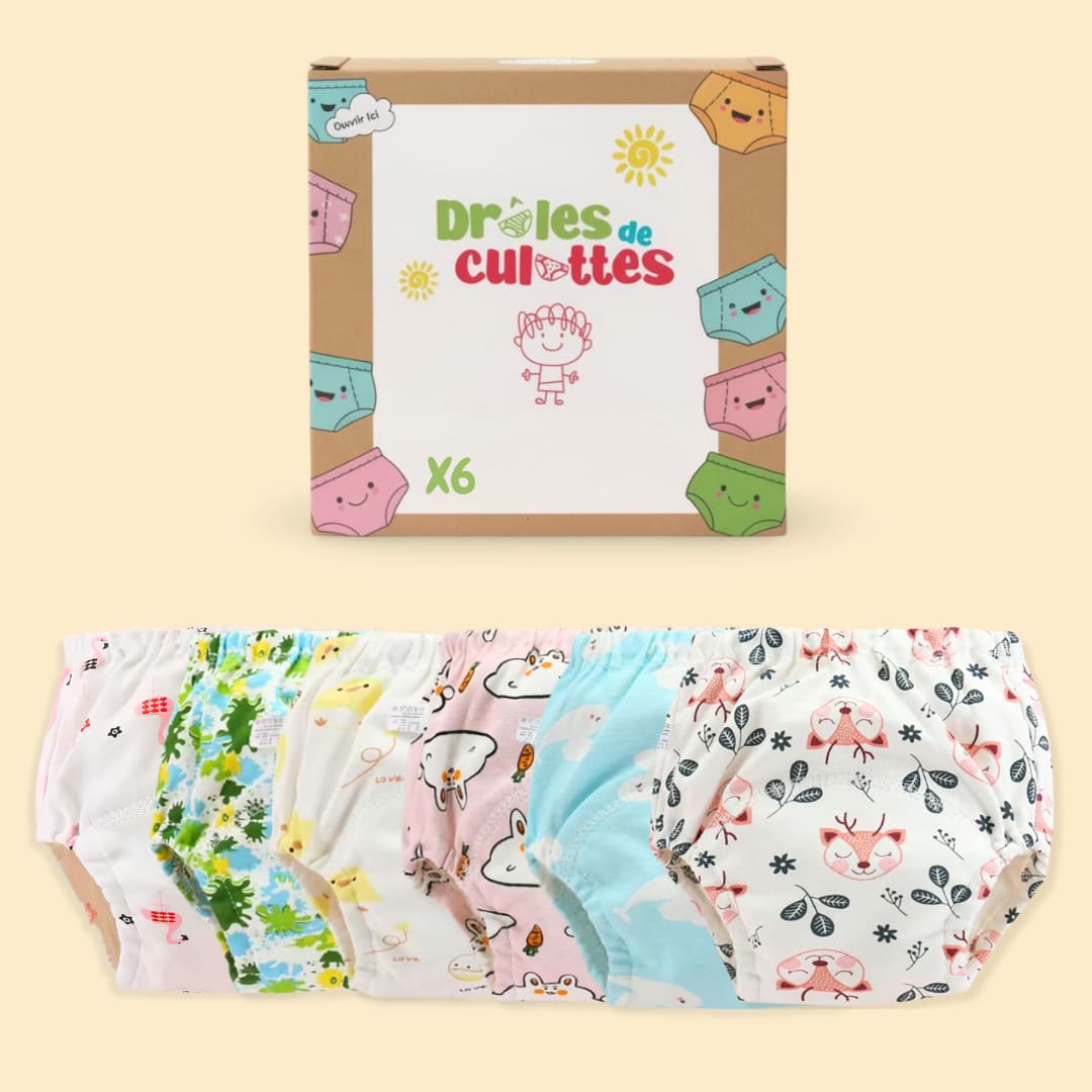 Pack de 6 culottes d’apprentissage bébé avec motifs animaux et colorés variés