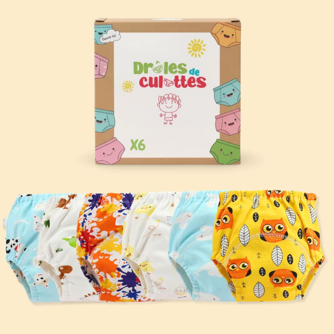 Pack de 6 culottes d’apprentissage bébé avec modèles chien, dinosaure et hibou
